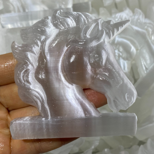Natural Gypsum Selenite unicorn Hand Carved Quartz Crystal Reiki healing 1PC