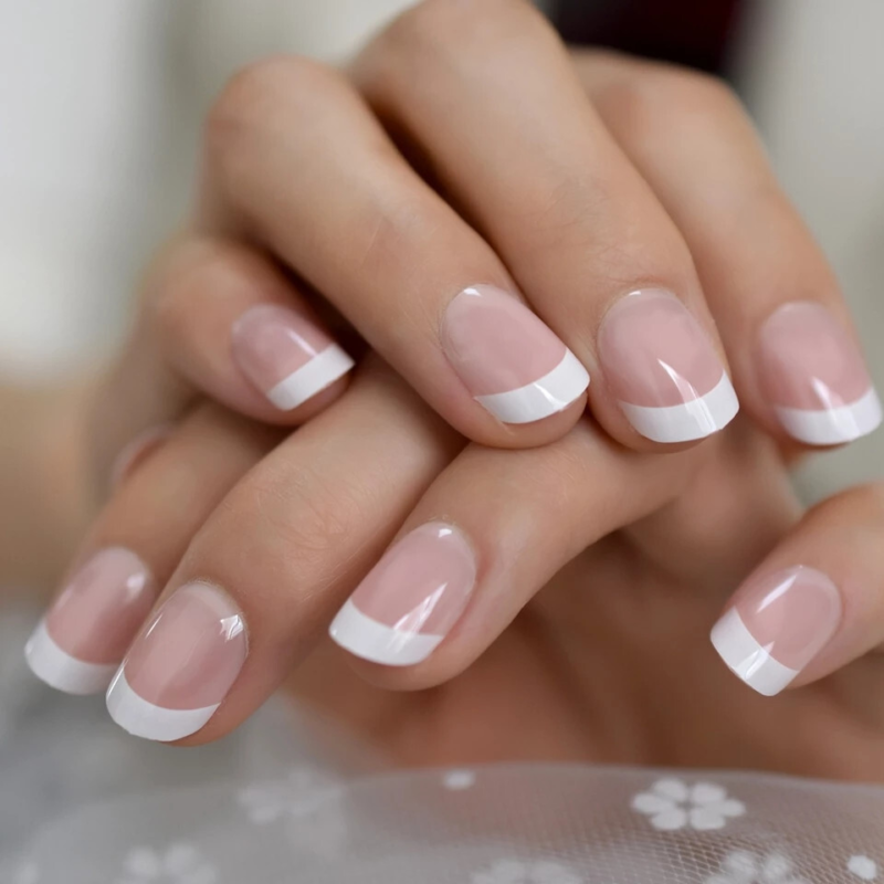 24 Short French pink nude Press on Nails Kit w glue rounded mani oval