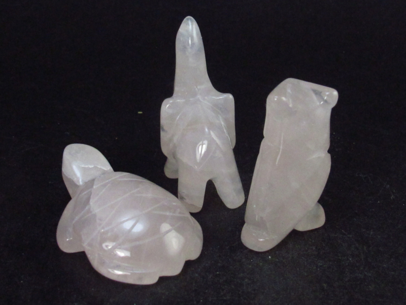 Three Rose Quartz Carved Animals - Owl, Turtle, Elephant - 28.9 Grams