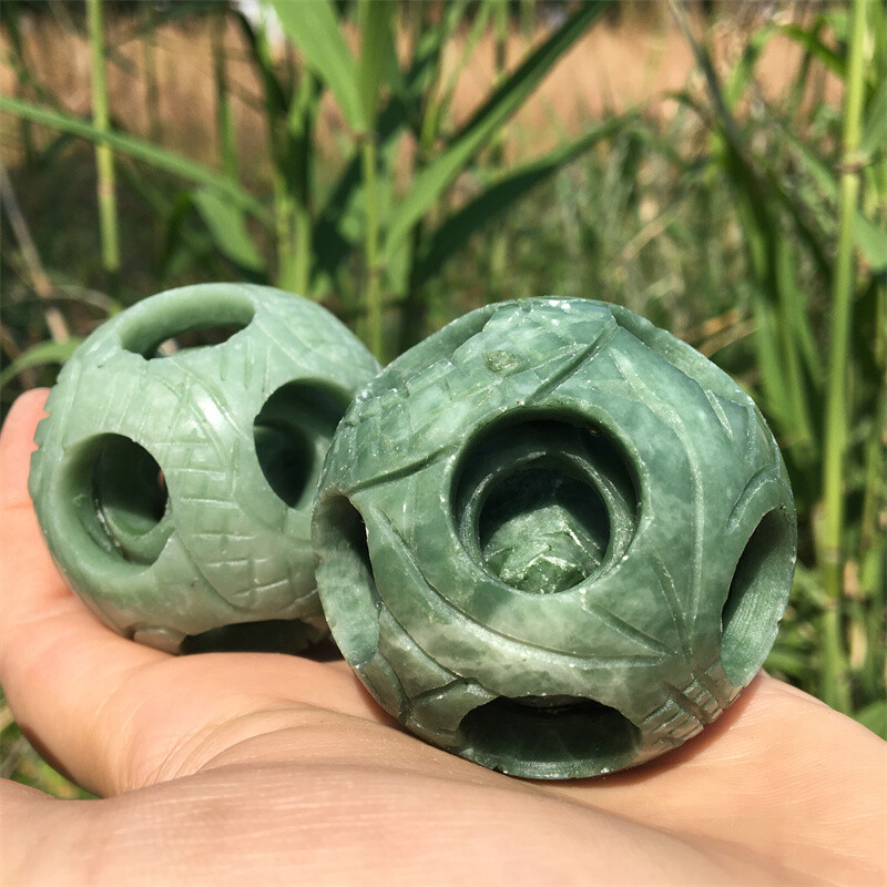 2" Natural green jade Exquisite Carved sphere Quartz Crystal reiki ball care