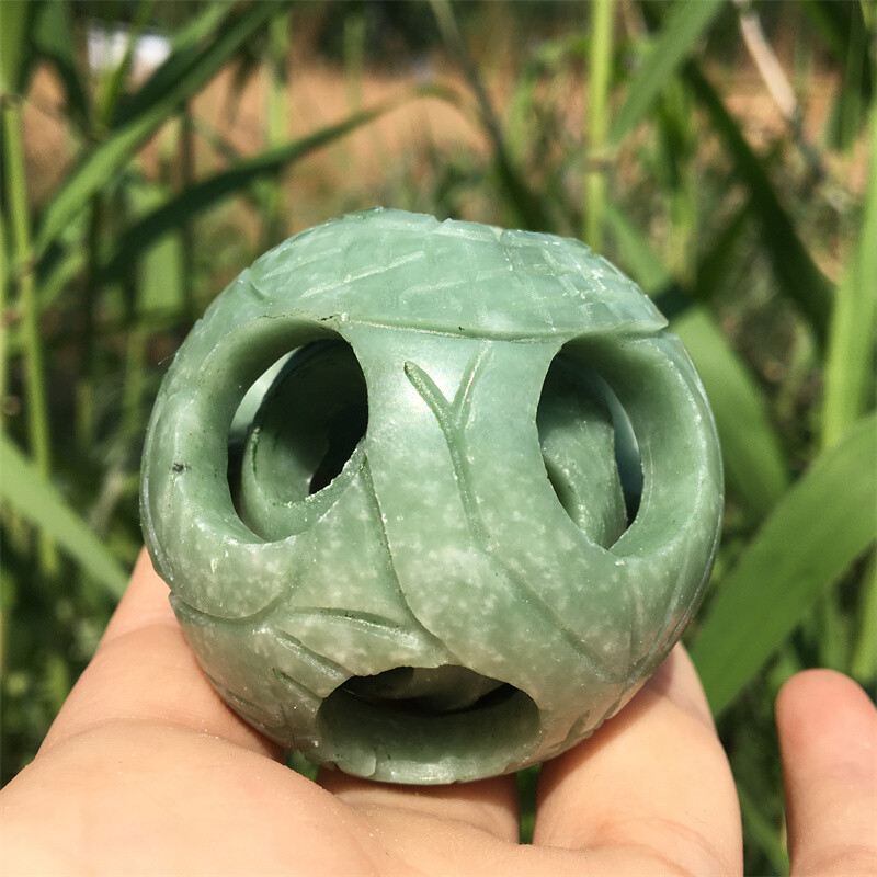 2" Natural green jade Exquisite Carved sphere Quartz Crystal reiki ball care