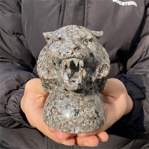 1.31kg Natural Carved Yooperlite Tiger Head Figurines Reiki Quartz Crystal Skull