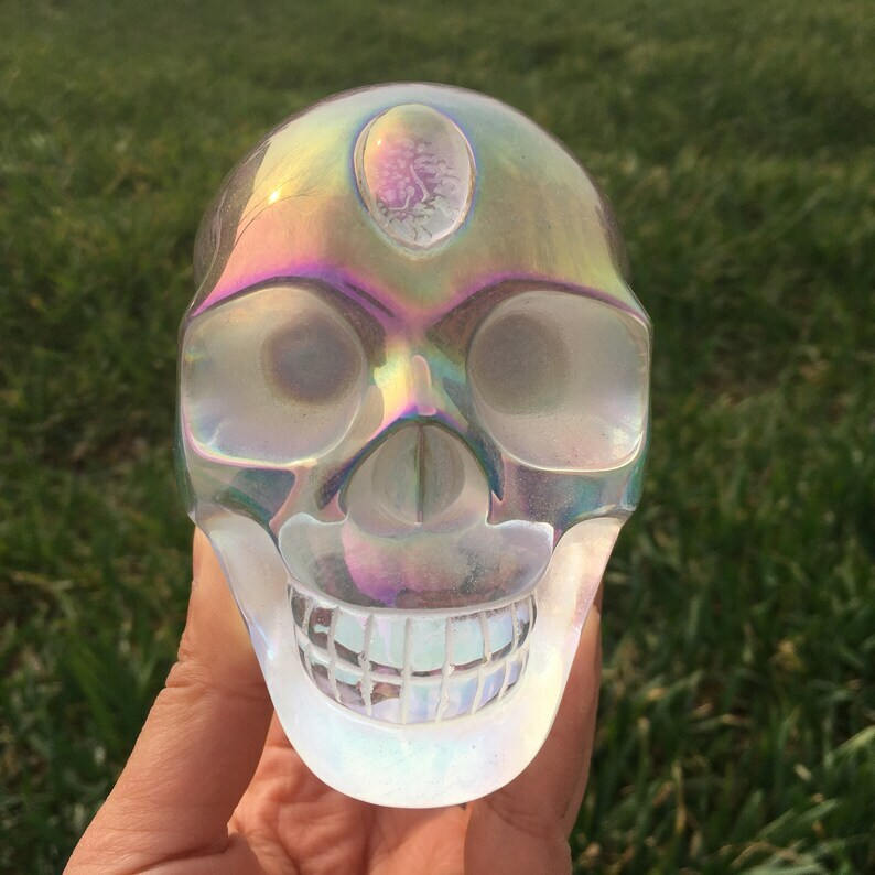 Rainbow Titanium Aura Clear Melting Stone Skull Reiki Heal Crystal sculpture
