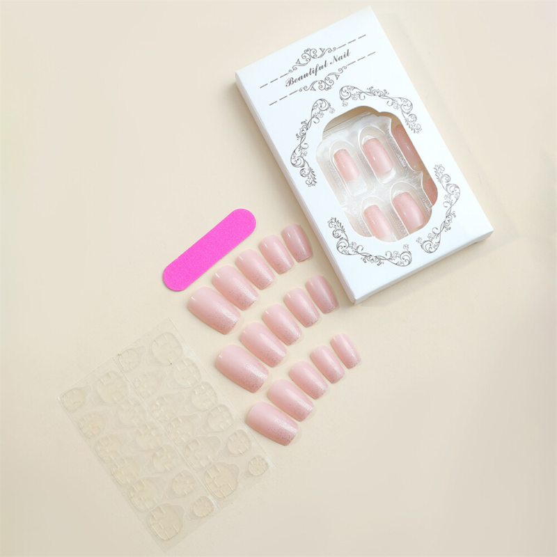 Glitter Pink Color False Nail Medium Square Press on Nails for Nail Art 24pcs