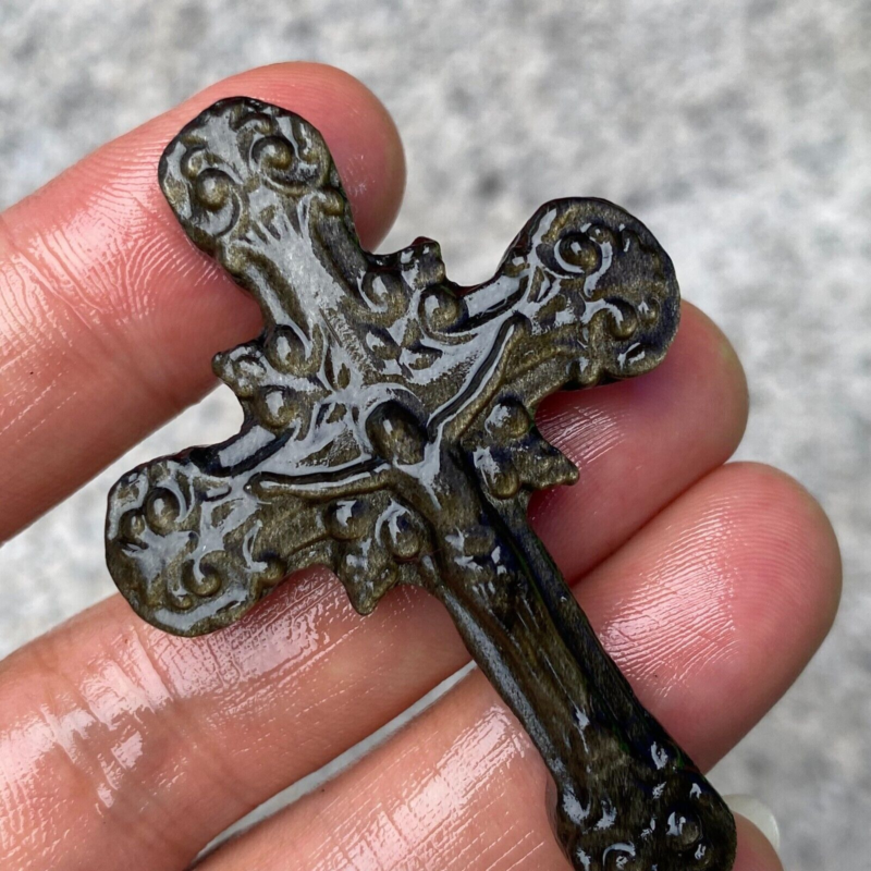 TOP Natural gold Obsidian Quartz cross crystal Hand Carved Healing 1PC