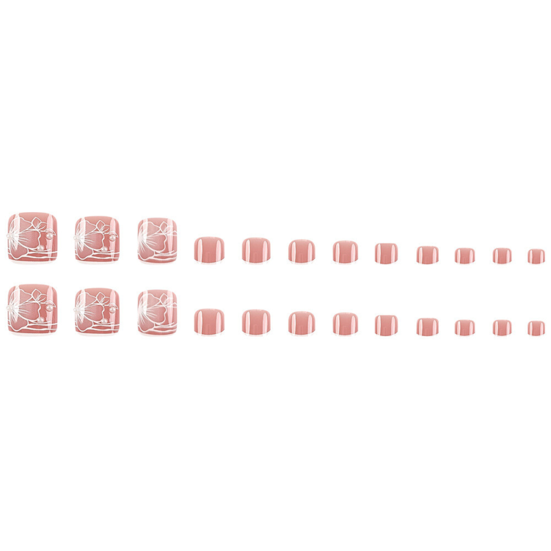 Fashionable Toe Press-On Fake Nail Elegant Pearl Flowers French Pedicure 24pcs