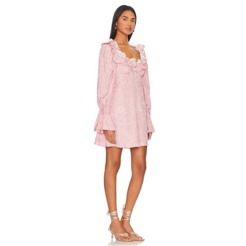 NWT For Love and Lemons Pink Rosalia Ruffle Floral Jacquard Mini Dress Size M