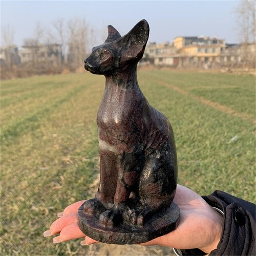 1.46kg Natural Carved Garnet Cat Figurines Reiki Quartz Crystal Skull Decor