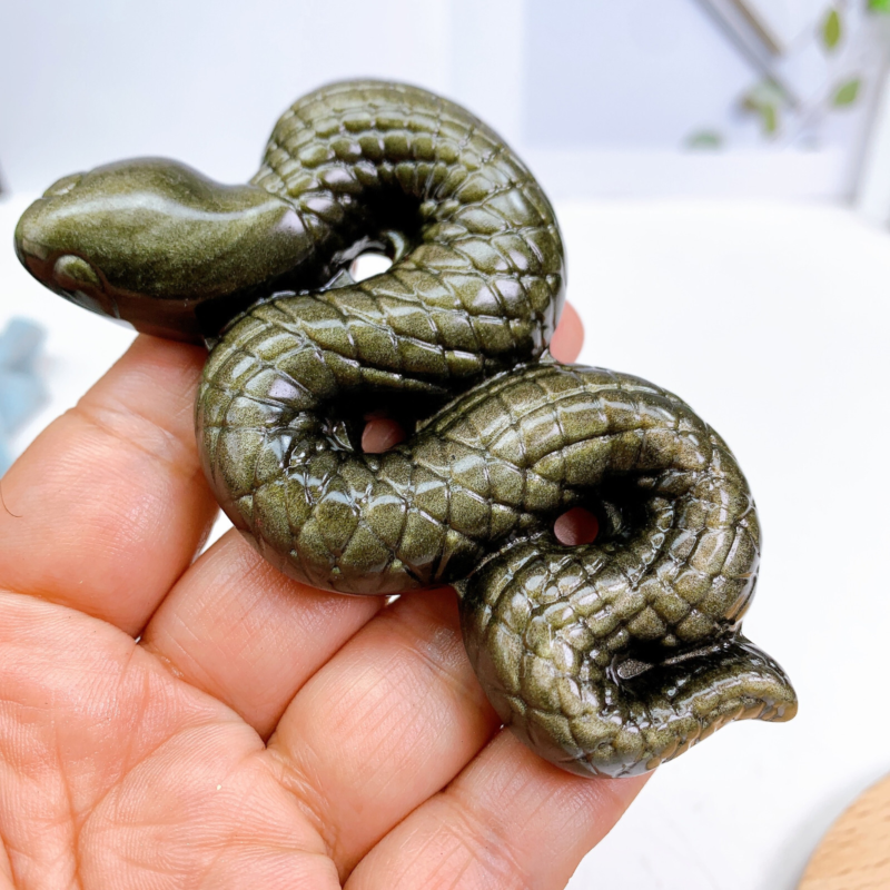 10.5cm Natural Quartz Golden Obsidian Snake Carving Animal Healing Crystal 1pc