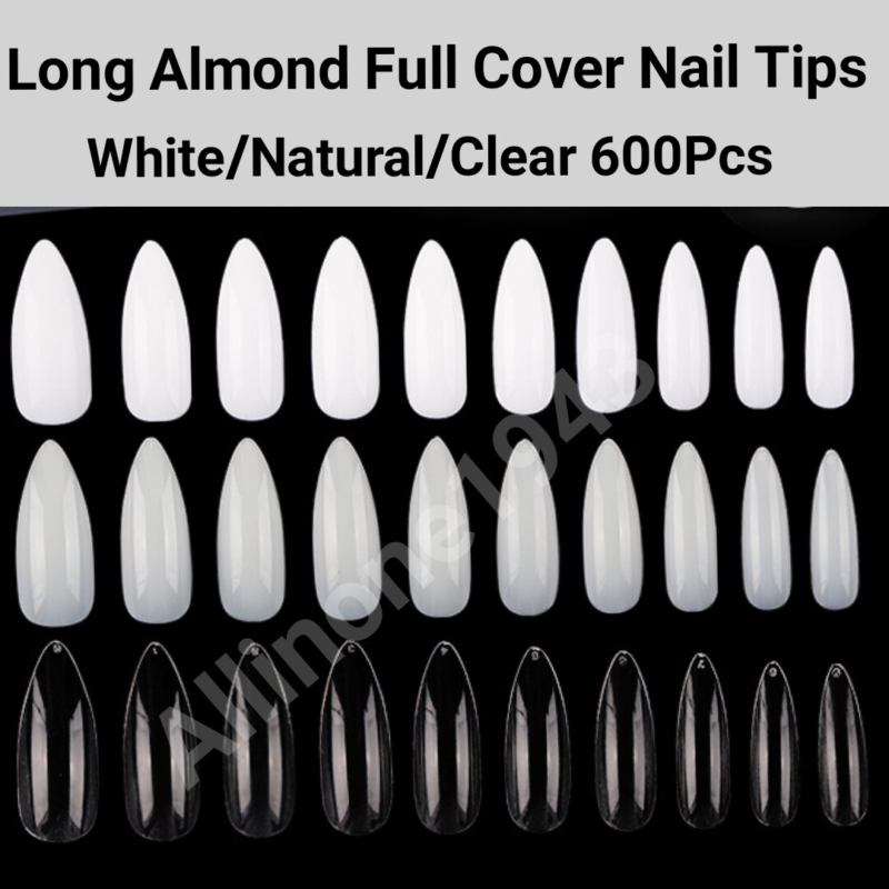 600Pc Long Almond Full Cover artificial Nails Tips Acrylic False Press on Nails