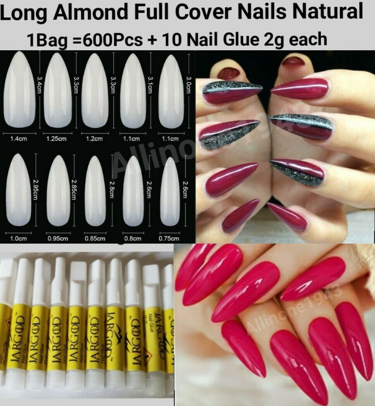 600Pc Long Almond Full Cover artificial Nails Tips Acrylic False Press on Nails
