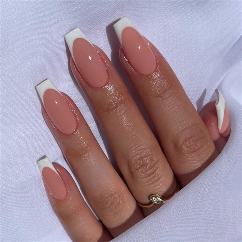 Nude Color French Fake Nail Winter Long Coffin Press on Nails for Nail Art 24pcs