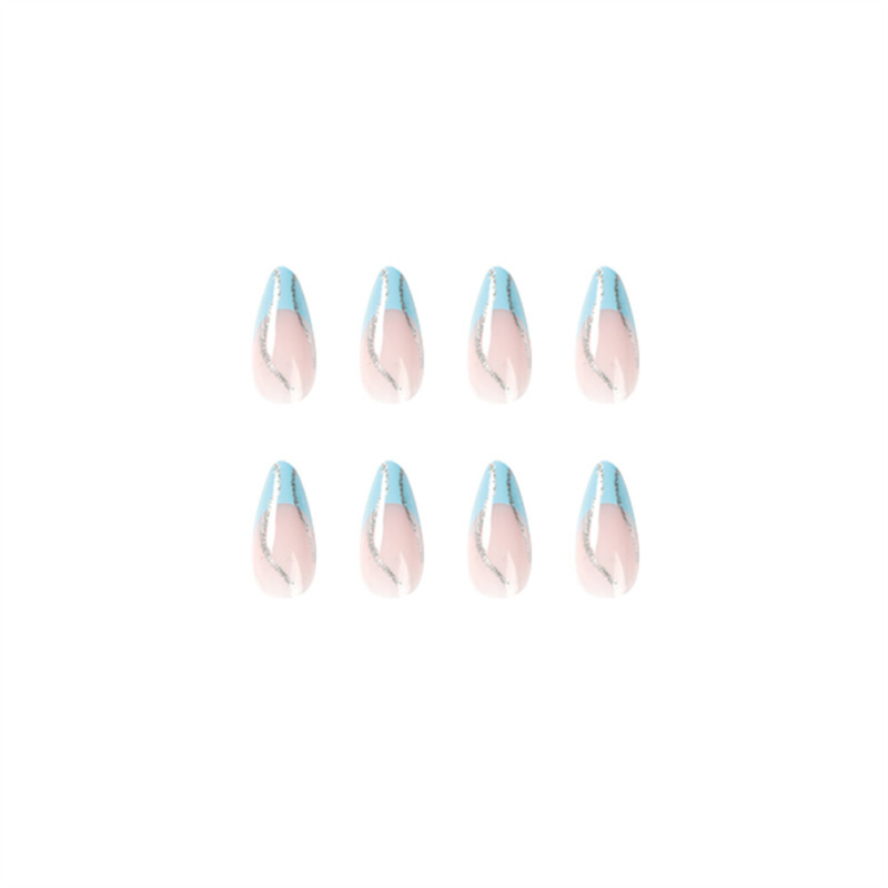 Glitter Waves Blue False Nail Short Almond Press on Nails for Nails Art 24pcs