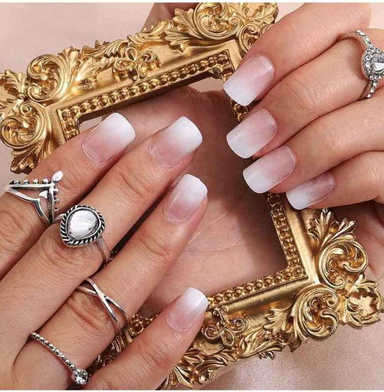 24 Short Press on nails kit w glue OMbre French nude white square