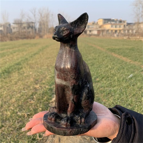 1.46kg Natural Carved Garnet Cat Figurines Reiki Quartz Crystal Skull Decor