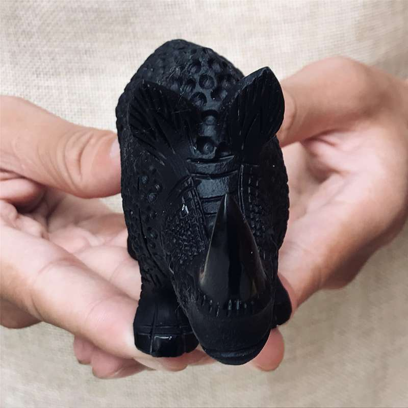 0.33kg Natural obsidian rhinoceros carved Quartz Crystal skull Healing