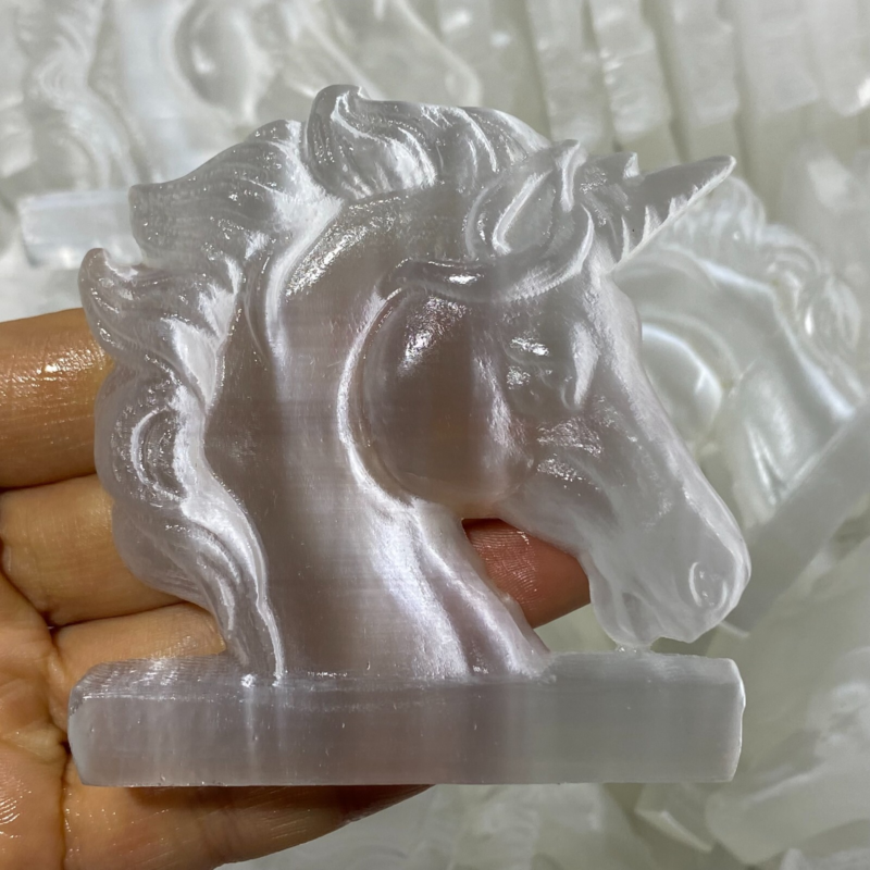 Natural Gypsum Selenite unicorn Hand Carved Quartz Crystal Reiki healing 1PC