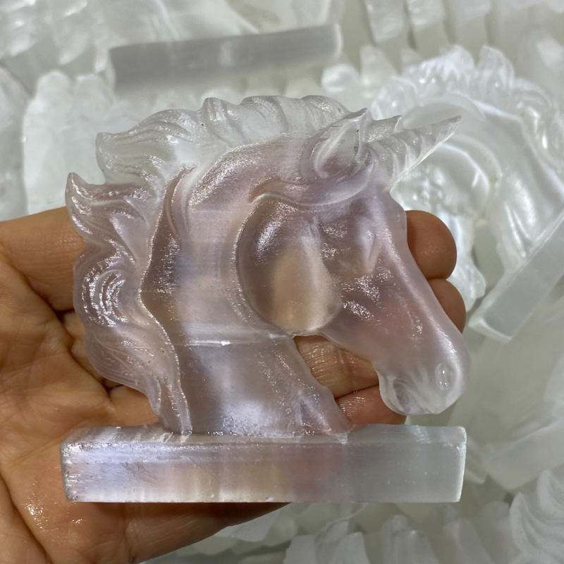 Natural Gypsum Selenite unicorn Hand Carved Quartz Crystal Reiki healing 1PC