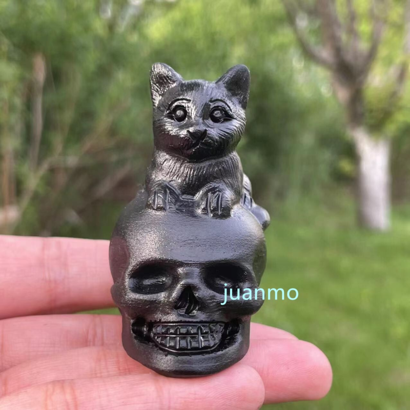 2"Natural obsidian quartz hand carved cat skull gift crystal reiki healing1pc