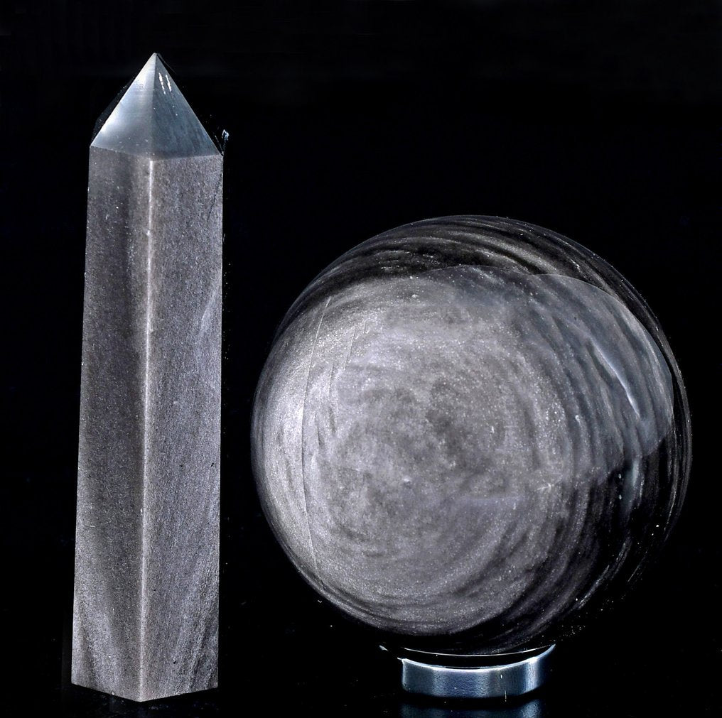 High quality silver Obsidian sphere and point - Height: 8.5 cm - Width: 2.2 cm- 291 g - (2)