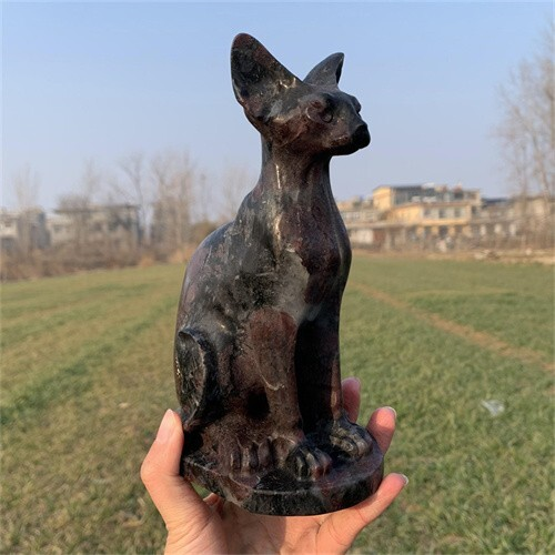 1.46kg Natural Carved Garnet Cat Figurines Reiki Quartz Crystal Skull Decor
