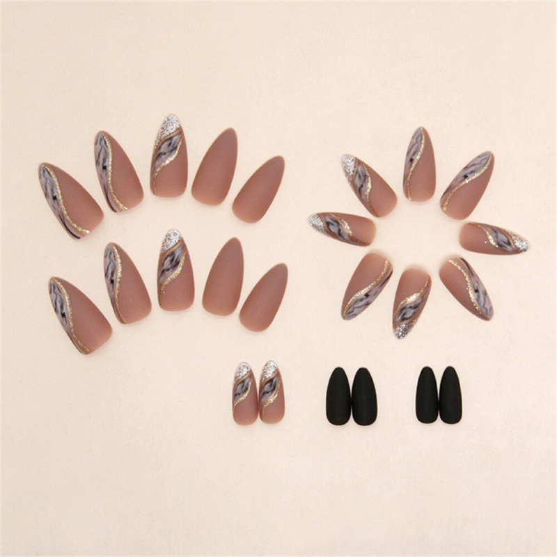 French Blooming Winter False Nail Short Almond Press on Nails for Nail Art 24pcs