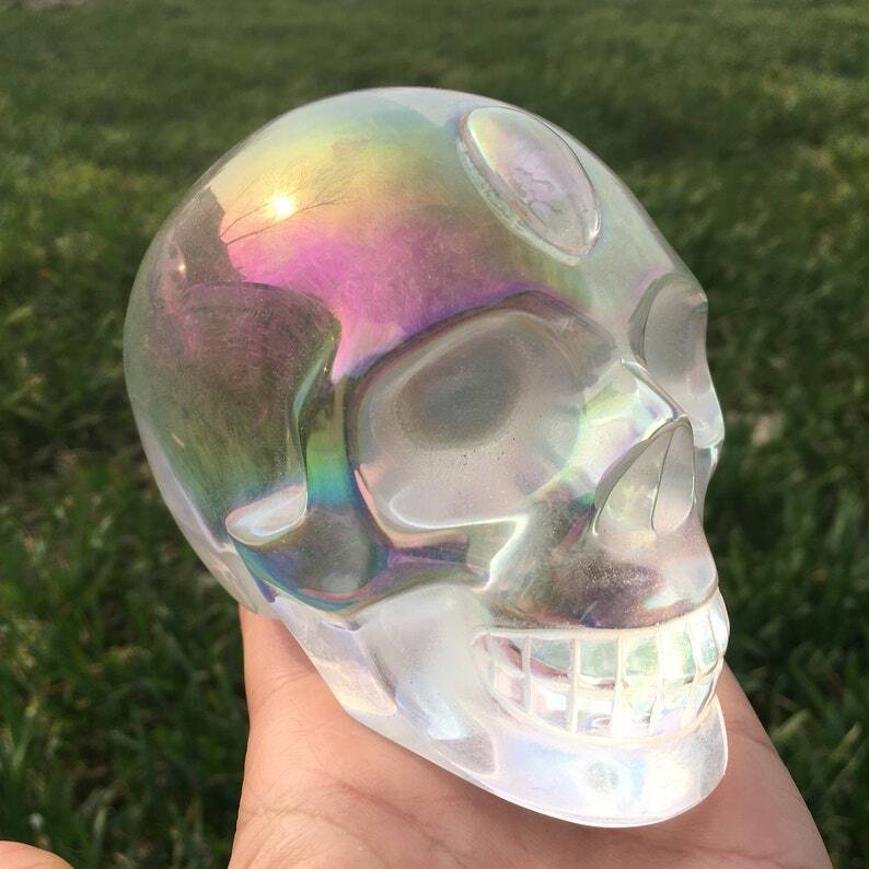 Rainbow Titanium Aura Clear Melting Stone Skull Reiki Heal Crystal sculpture