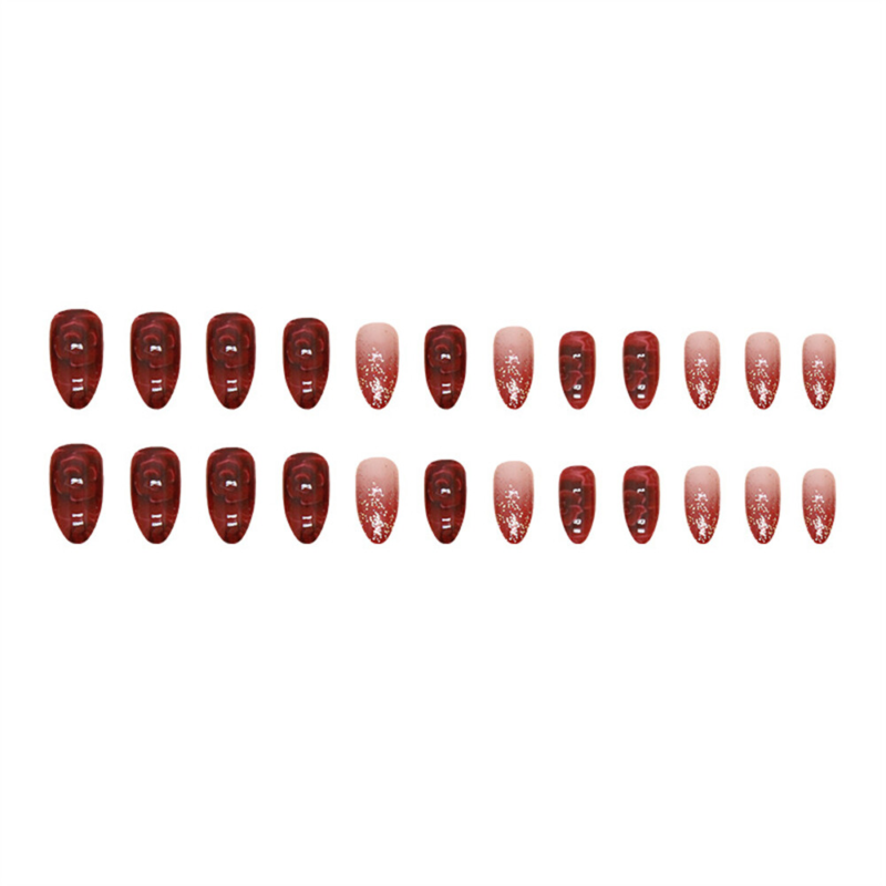 Red Flowers Glitter False Nail Short Almond Press on Nails for Nail Art 24pcs
