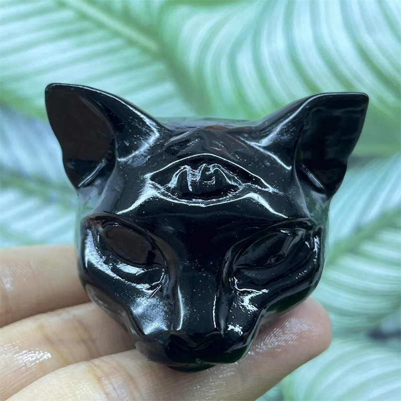 1pc Natural obsidian cat skull hand carved Quartz Crystal animal skull Reiki Hea