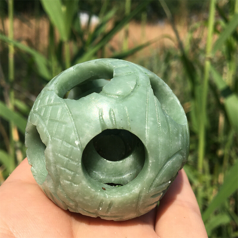 2" Natural green jade Exquisite Carved sphere Quartz Crystal reiki ball care