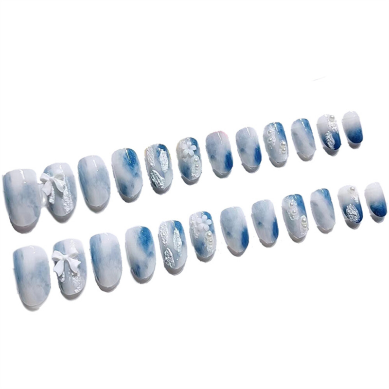 Blooming Blue Pearl False Nail Medium Almond Press on Nails for Nails Art 24pcs
