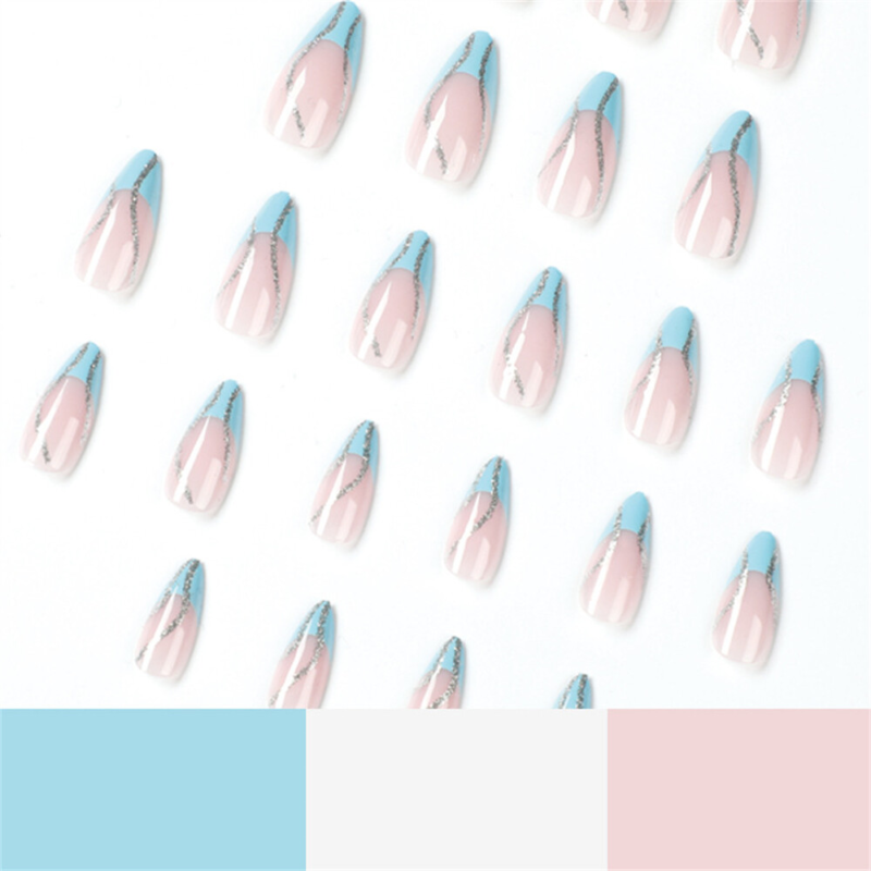 Glitter Waves Blue False Nail Short Almond Press on Nails for Nails Art 24pcs
