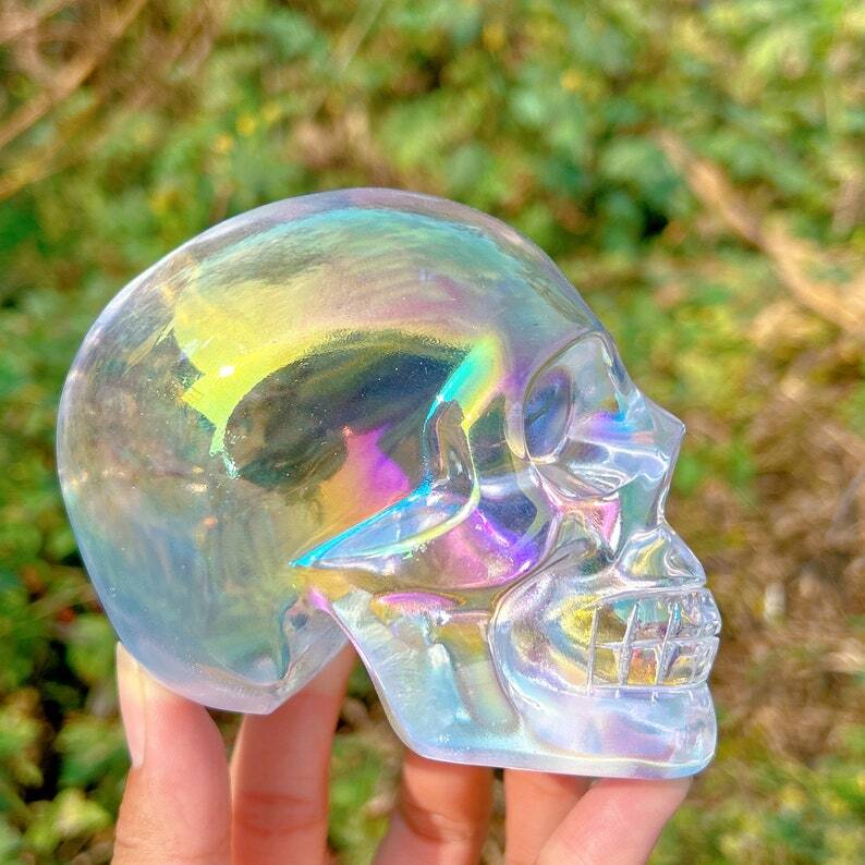 Titanium Rainbow Clear Melting stone Crystal Skull Reiki Heal Mineral Samples