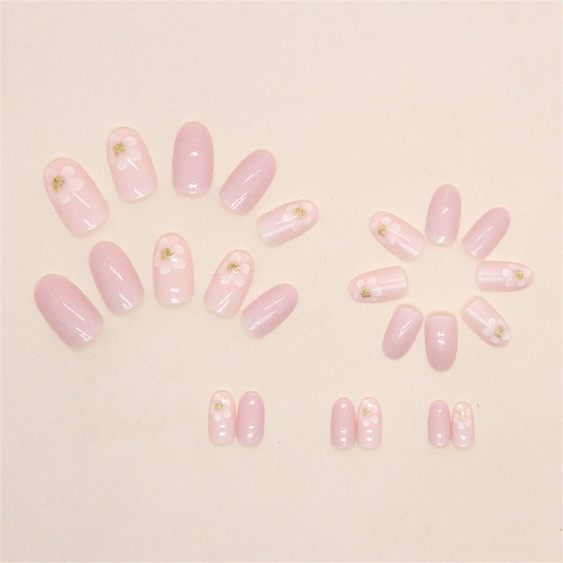 24pcs Dream Glitter Pink False Nail Almond Short Press on Nails for Nail Art