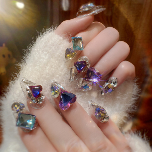 Colorful Diamond Shiny False Nail Long Almond Press on Nails for Nail Art 24pcs