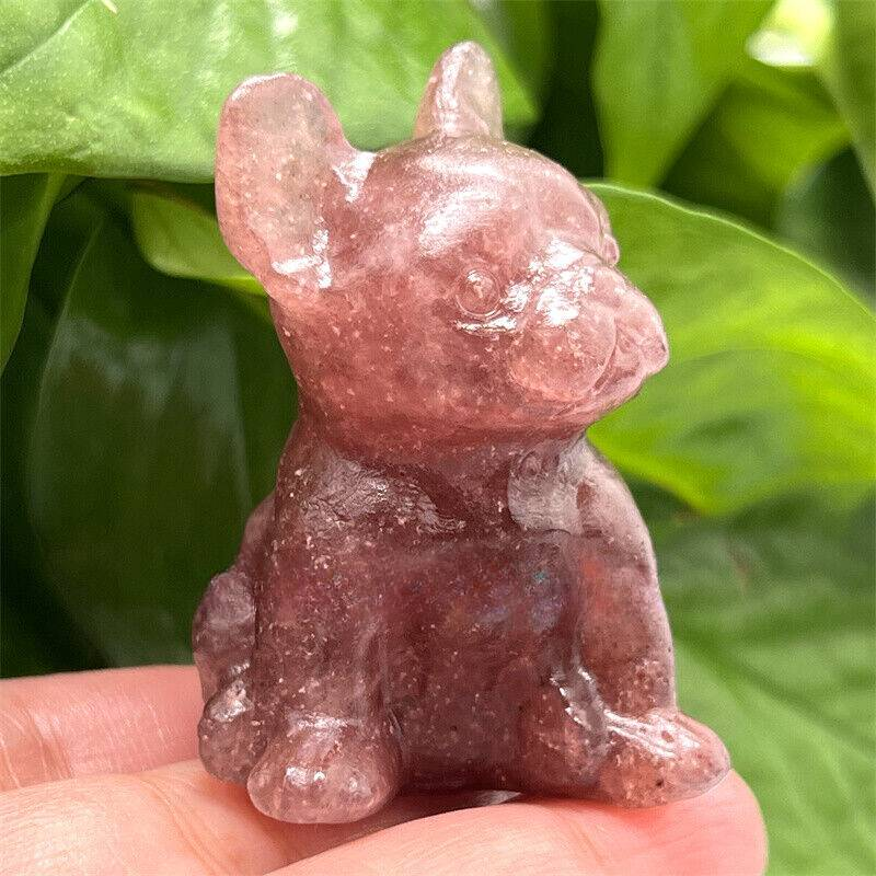 Natural Quartz Crystal Carved Rough Stone French Bulldog Healing Animal Decor