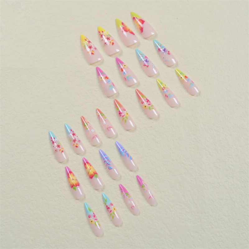 Colorful French Summer False Nail Short Almond Press on Nails for Nail Art 24pcs