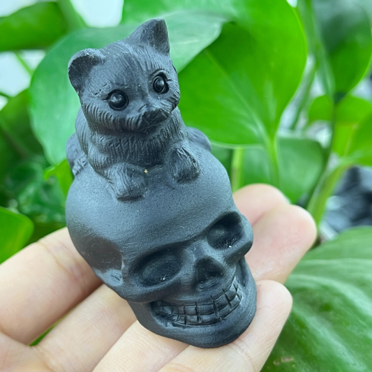 1pc Natural obsidian cat hand carved quartz crystal animal skull Reiki gift 2"