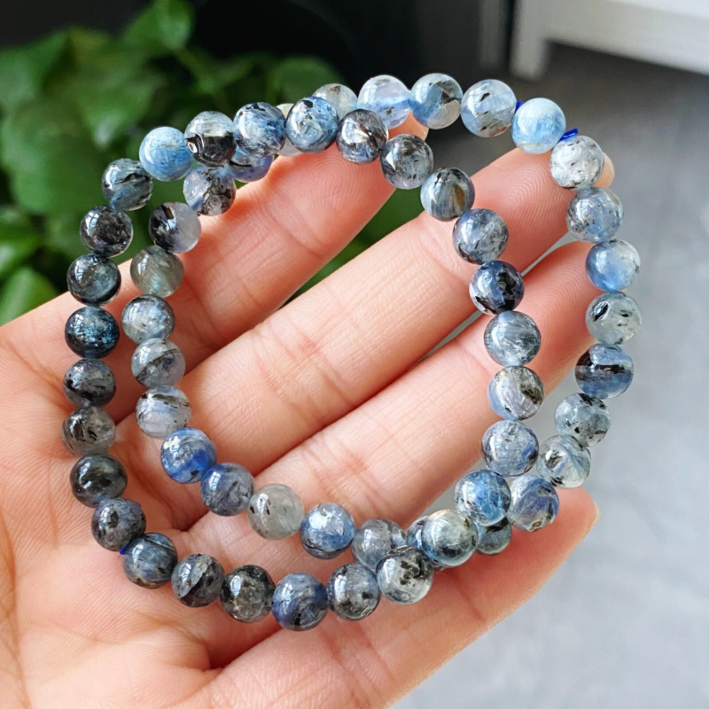 6mm 2pcs Natural Blue Kyanite Cat Eye Crystal Stretch Beads Bracelet AAA