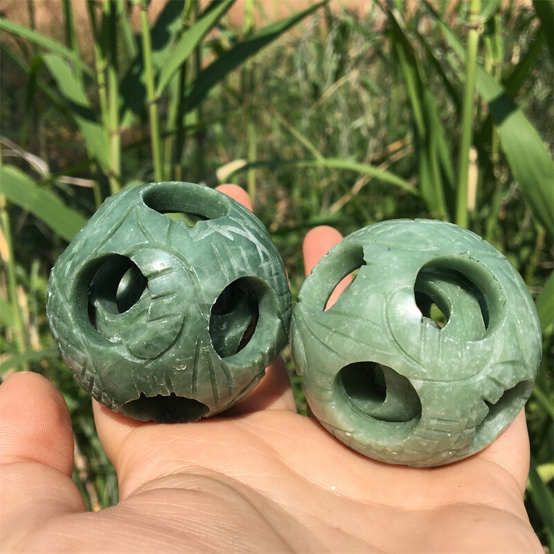 2" Natural green jade Exquisite Carved sphere Quartz Crystal reiki ball care