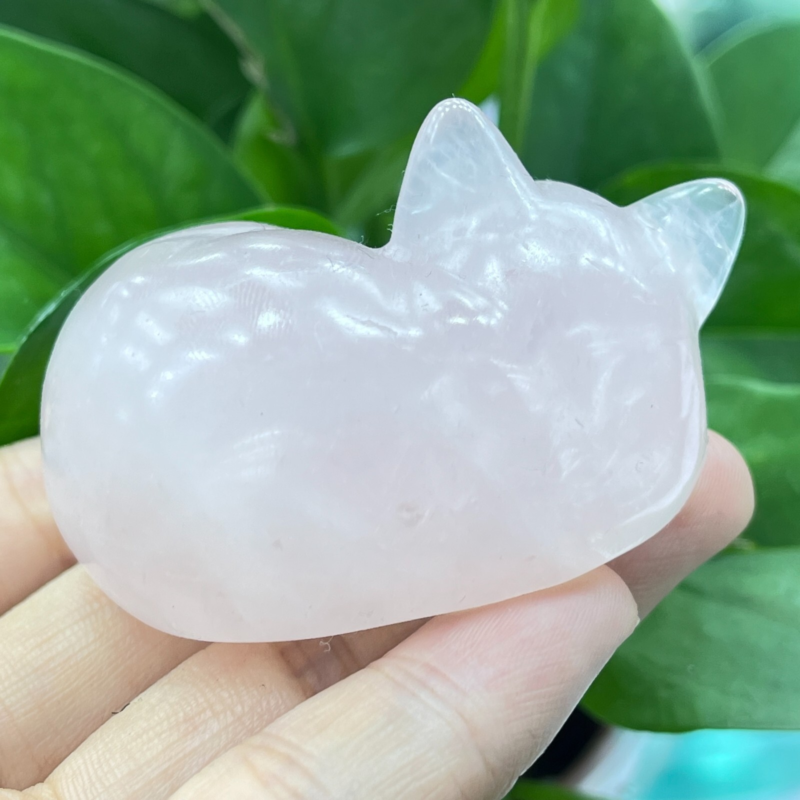 1pc Natural pink rose quartz Sleep cat carved quartz crystal animal skull 2"
