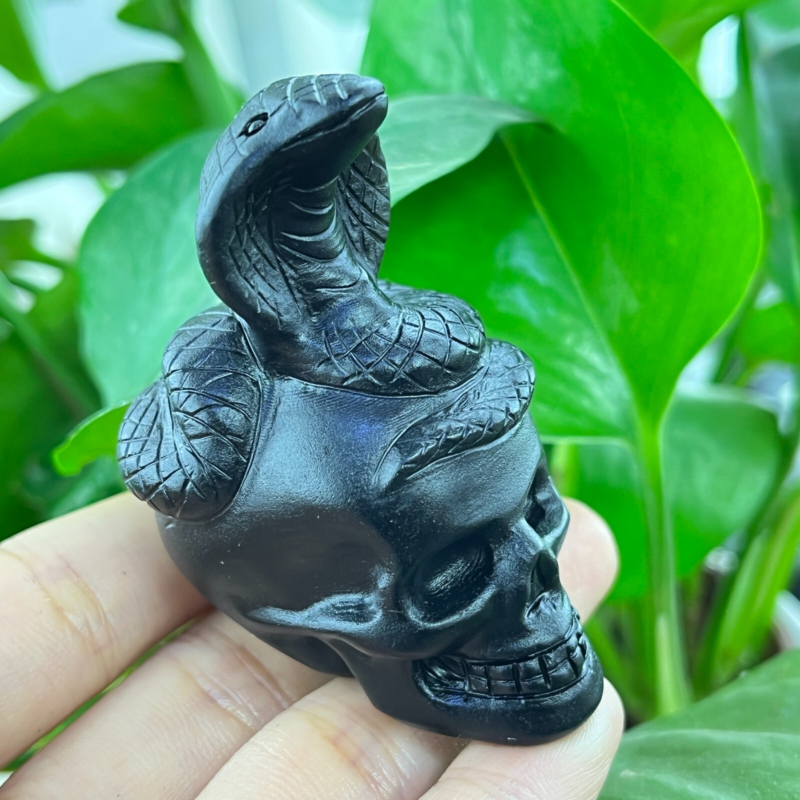1pc Natural obsidian snake hand carved quartz crystal animal skull Reiki gift 2"