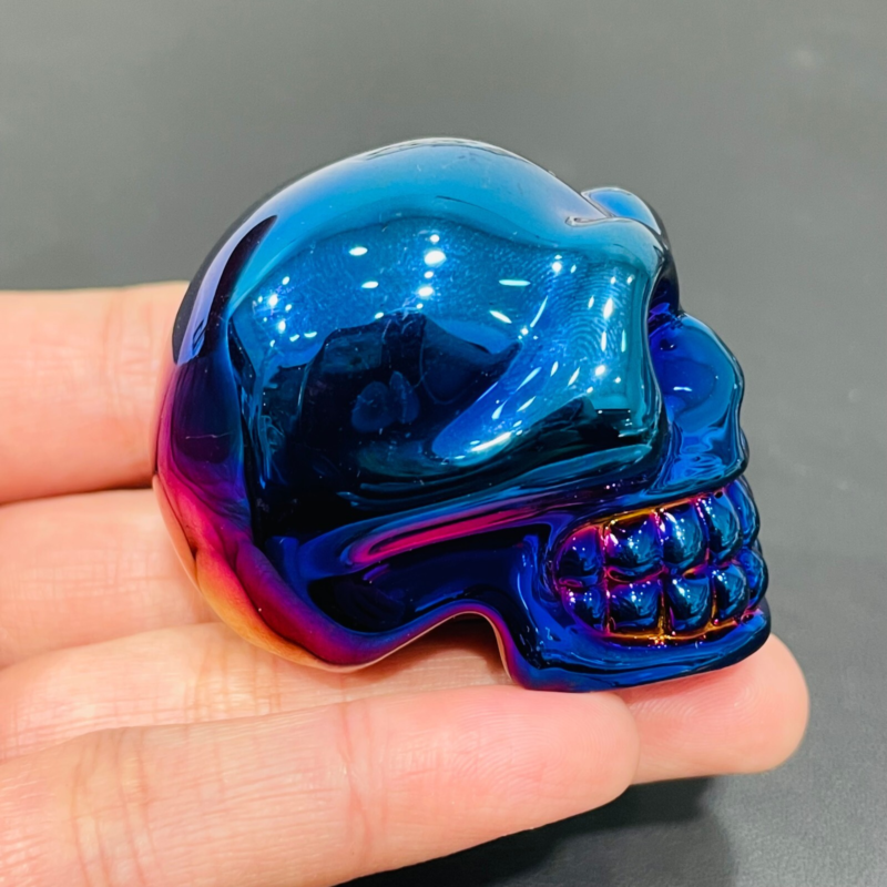 2" Rainbow Titanium melting Quartz Hand carved skull crystal reiki healing 1PC