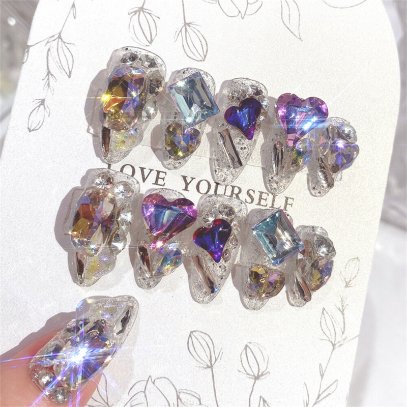 Colorful Diamond Shiny False Nail Long Almond Press on Nails for Nail Art 24pcs