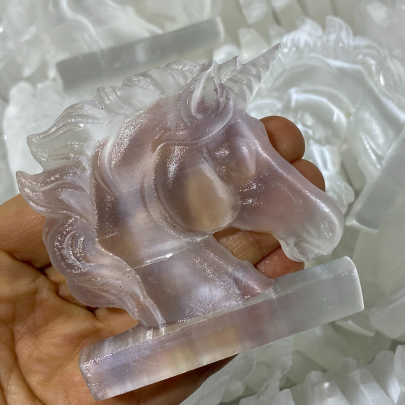 Natural Gypsum Selenite unicorn Hand Carved Quartz Crystal Reiki healing 1PC