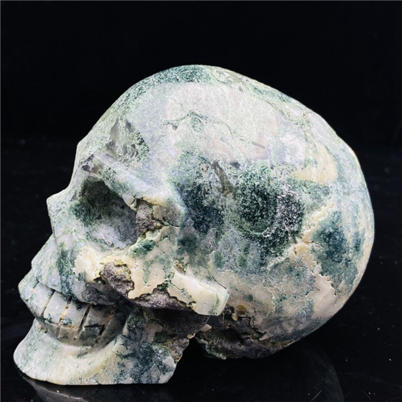 730gNatural Nice Aquatic agate Quartz Skull Hand Carved Crystal Healing Skull