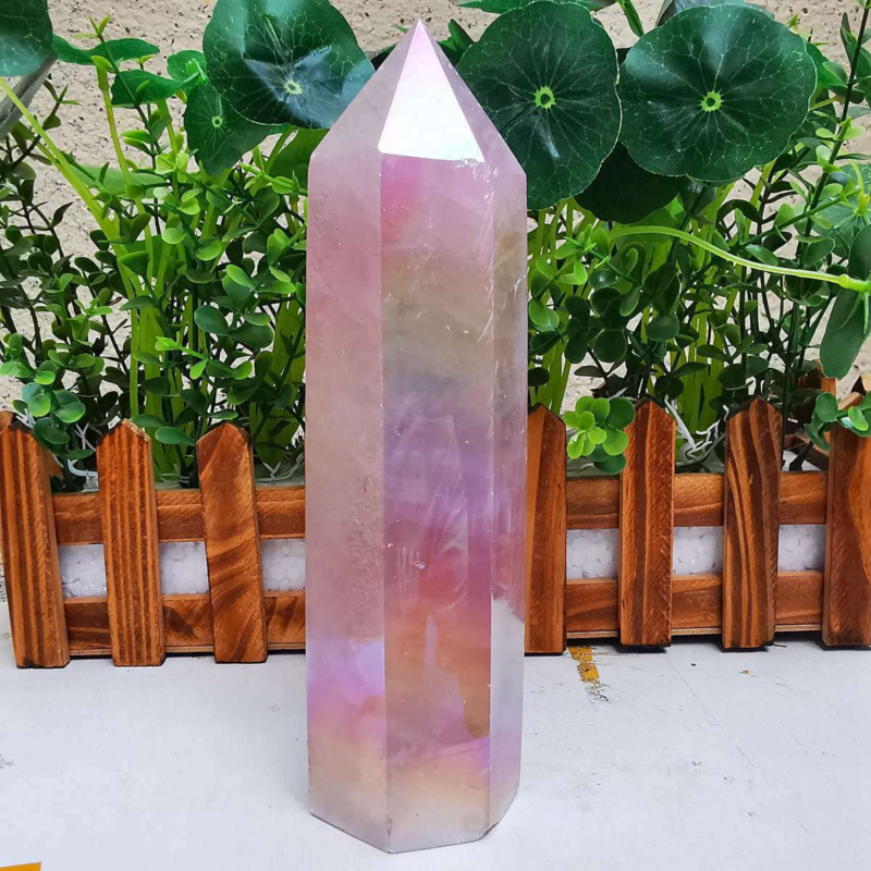 785g electroplated natural pink rose quartz obelisk rainbow crystal point reiki