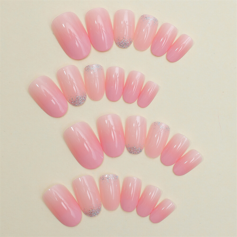 Glitter Gradient Pink False Nail Short Almond Press on Nails for Nail Art 24pcs