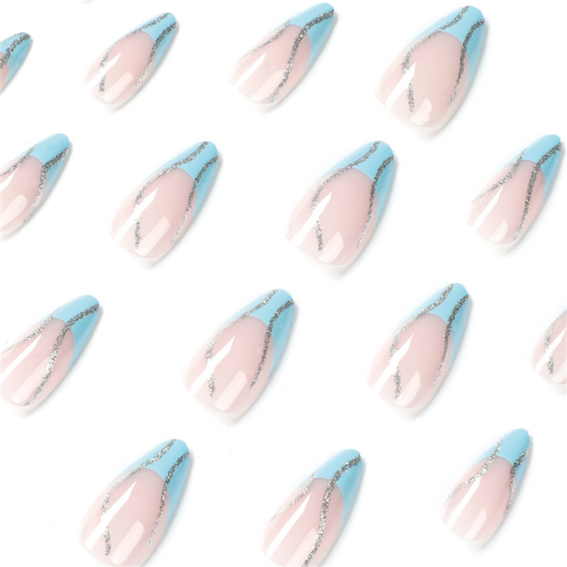 Glitter Waves Blue False Nail Short Almond Press on Nails for Nails Art 24pcs