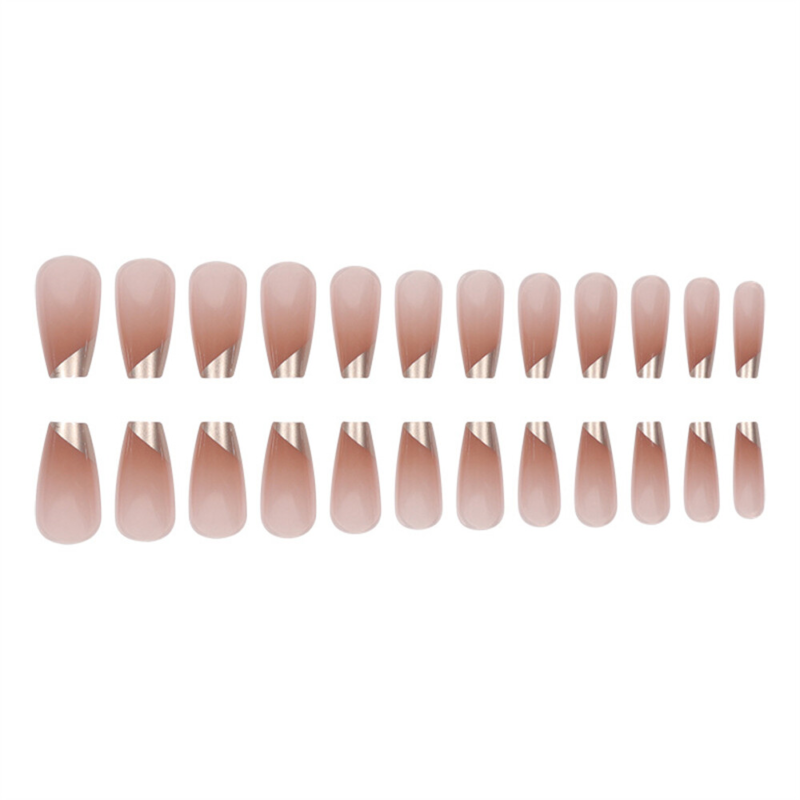 French Gold Nude Color Fake Nail Medium Coffin Press on Nails for Nail Art 24pcs